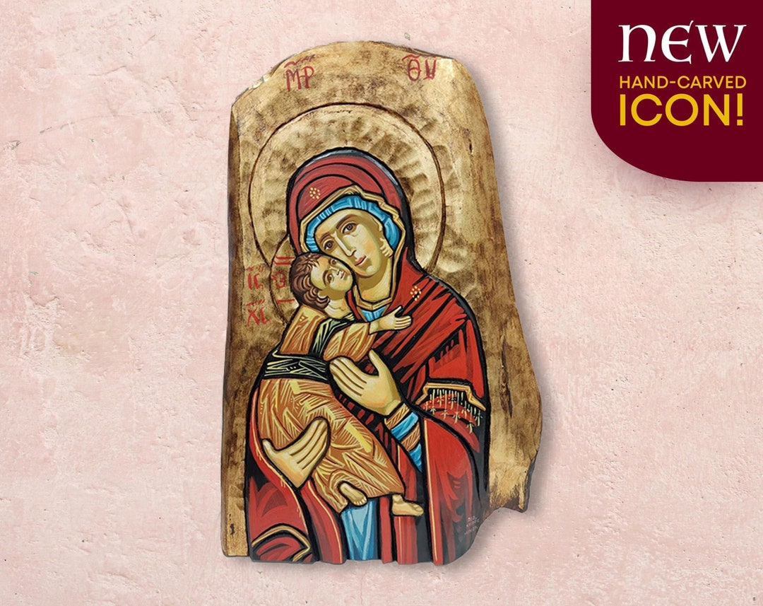 HOLY MARY SWEET Kissing, Wood Carved Hagiography Icon, Handmade Icon ...