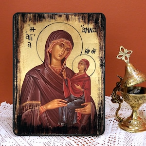 SAINT ANNE with VIRGIN, Byzantine handmade Greek orthodox icon, name-day, birthday, graduation, office/home-warming gift