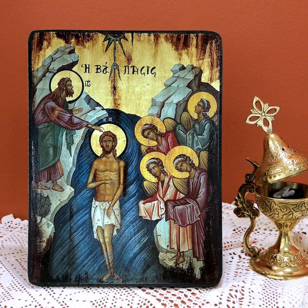 BAPTÊME DU CHRIST, icône byzantine faite à la main, icône orthodoxe grecque, cadeau de baptême, cadeau d’anniversaire-mariage-maison-réchauffement