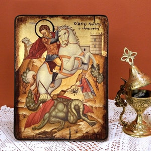SAINT GEORGE the Great Martyr on horseback, Byzantine handmade Greek orthodox icon, name-day, birthday, graduation, office/home-warming gift