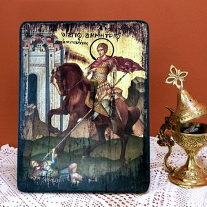 SAN DEMETRIO, icono bizantino hecho a mano, icono ortodoxo griego, regalo de onomástica, regalo de cumpleaños, regalo de inauguración de la oficina o del hogar