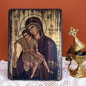 VIRGIN and CHILD, Axion Esti, Byzantine handmade Greek orthodox icon, name-day, birthday, graduation, office/home-warming gift