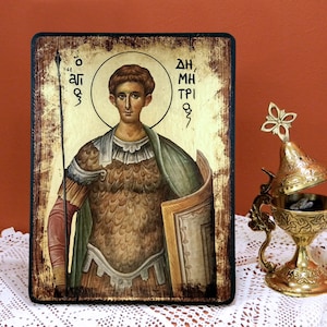 SAN DEMETRIO, icono bizantino hecho a mano, icono ortodoxo griego, regalo de onomástica, regalo de cumpleaños, regalo de inauguración de la oficina o del hogar