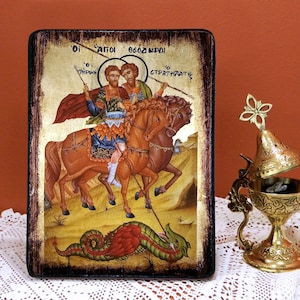 SAINTS THEODORES, Tyron and Stratelates, Byzantine handmade Greek orthodox icon, name-day, graduation, office/home-warming gift