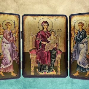 VIRGEN Y NIÑO en el trono, icono tríptico bizantino, icono religioso hecho a mano, icono ortodoxo, regalo de cumpleaños, regalo de boda, regalo de onomástico