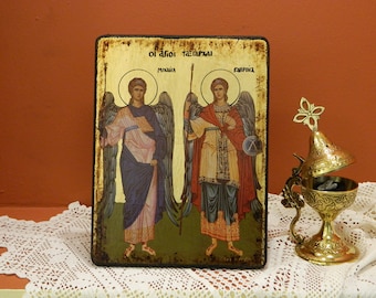 HOLY ARCHANGELS, Michael, Gabriel, Byzantine handmade icon, religious icon, Greek orthodox icon, birthday gift, name-day gift, new home gift