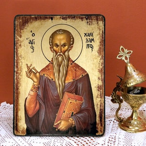 SAINT CHARALAMPUS, Hieromartyr, byzantinische handgemachte griechische Ikone, Namenstag, Geburtstag, Abschlussfeier, Büro / Einweihungsgeschenk