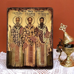 THREE HOLY HIERARCHS, Saints Basil the Great, Gregory the Theologian, John the Chrysostom, Byzantine handmade icon, Greek orthodox icon