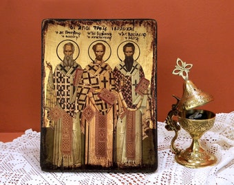 TRES SANTOS JERARCAS, Santos Basilio el Grande, Gregorio el Teólogo, Juan Crisóstomo, icono bizantino hecho a mano, icono ortodoxo griego