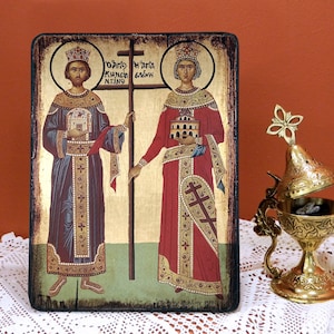 SAINTS CONSTANTINE and HELEN, Byzantine handmade icon, Greek orthodox icon, wedding gift, name-day, birthday gift