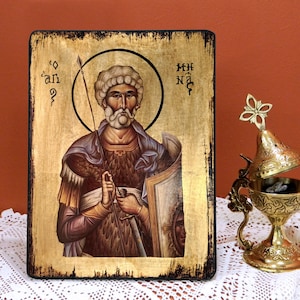 SAINT MENAS of EGYPT, Byzantine handmade icon, Greek orthodox icon, baptism, name day, birthday, wedding, office or home warming gift