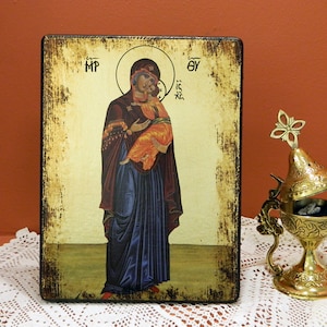 VIRGIN and CHILD, Sweet Kissing full body, Byzantine handmade icon, Christian Greek orthodox icon, birthday, wedding, housewarming gift