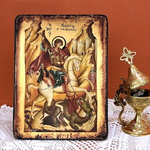 SAINT GEORGE the Great Martyr, on horseback, Byzantine handmade icon, Greek orthodox icon, baptism, birthday-wedding-home-warming gift