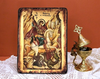 SAINT GEORGE the Great Martyr, on horseback, Byzantine handmade icon, Greek orthodox icon, baptism, birthday-wedding-home-warming gift