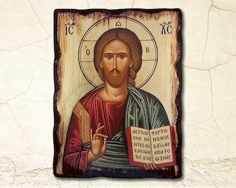 Jesus Christ Blessing, ḗΣΟΥḣ ḧḡᣣḟᣣ ᥥᛛΟΓ deswegen segnend, griechisch kyrillische handgemachte Ikone auf Kiefernholz, Geburtstagsgeschenk, Hochzeitsgeschenk, Namenstaggeschenk