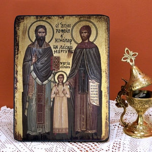 Saints RAPHAEL, NICHOLAS and IRENE, Byzantine handmade icon, Greek orthodox icon, birthday, name-day, graduation, wedding, home-warming gift