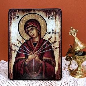 Virgin Mary, The SEVEN SWORDS, Byzantine handmade icon, Greek orthodox icon, birthday-wedding-home-warming gift