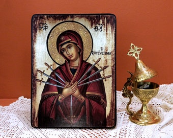 Virgin Mary, The SEVEN SWORDS, Byzantine handmade icon, Greek orthodox icon, birthday-wedding-home-warming gift