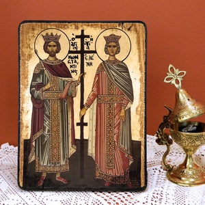 SAINTS CONSTANTINE and HELEN, Byzantine handmade icon, Greek orthodox icon, name-day, birthday, graduation, office/home-warming gift