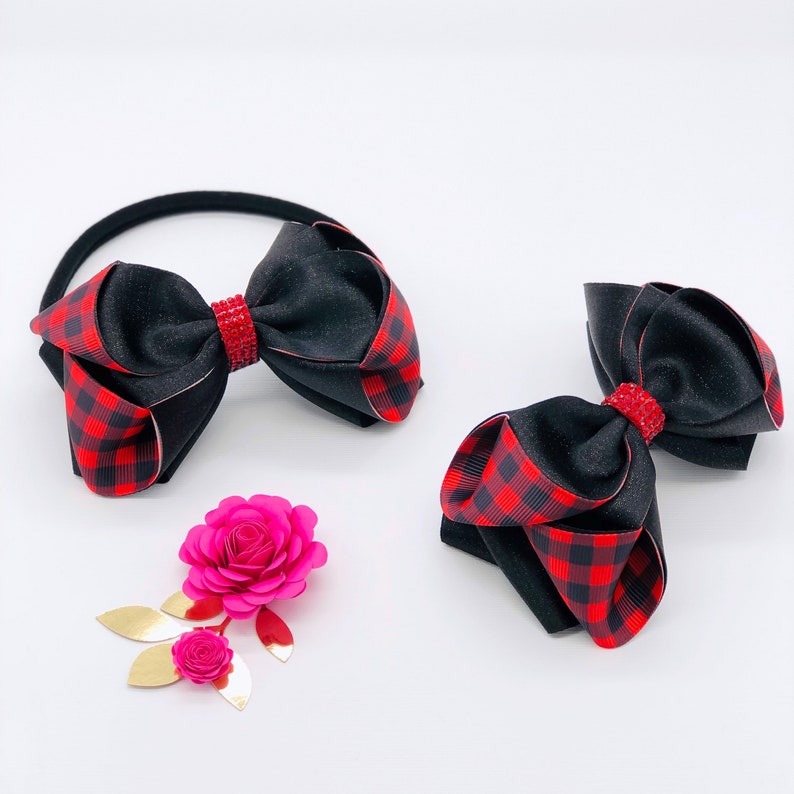 Red Hairbow Silver Holiday Bow Holiday Hair Clips Silver Christmas Bow Satin Bow Headband Bow Red Satin Hair Bow Silver Baby Headband