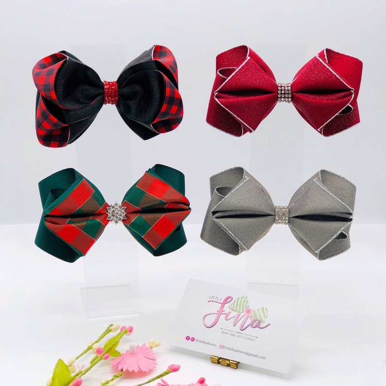 Red Hairbow Silver Holiday Bow Holiday Hair Clips Silver Christmas Bow Satin Bow Headband Bow Red Satin Hair Bow Silver Baby Headband