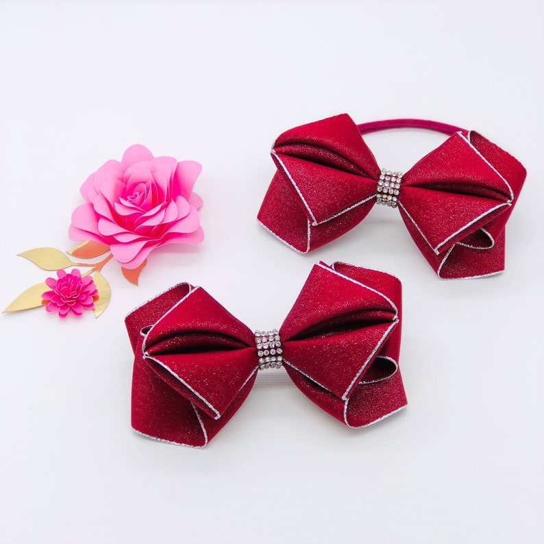 Red Hairbow Silver Holiday Bow Holiday Hair Clips Silver Christmas Bow Satin Bow Headband Bow Red Satin Hair Bow Silver Baby Headband
