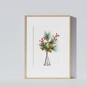 Watercolor poster vase branches of red berries