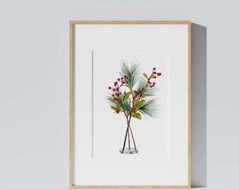 Affiche aquarelle vase branches de baies rouges