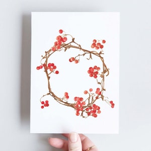 Botanical greeting card, Christmas wreath with red berries image 1