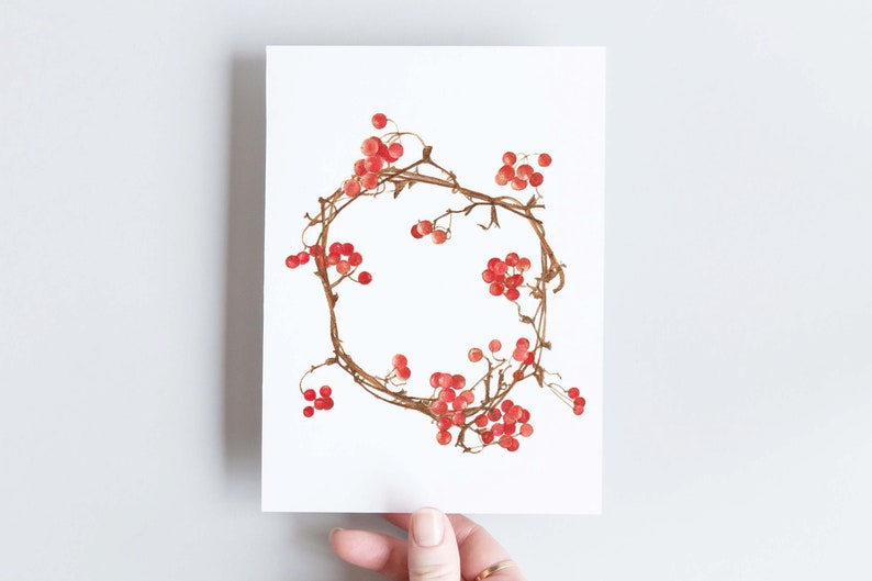 Botanical greeting card, Christmas wreath with red berries image 1