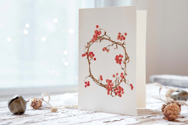 Botanical greeting card, Christmas wreath with red berries image 4