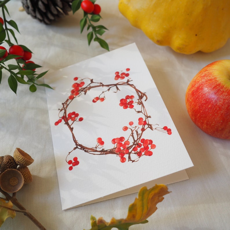 Botanical greeting card, Christmas wreath with red berries image 3