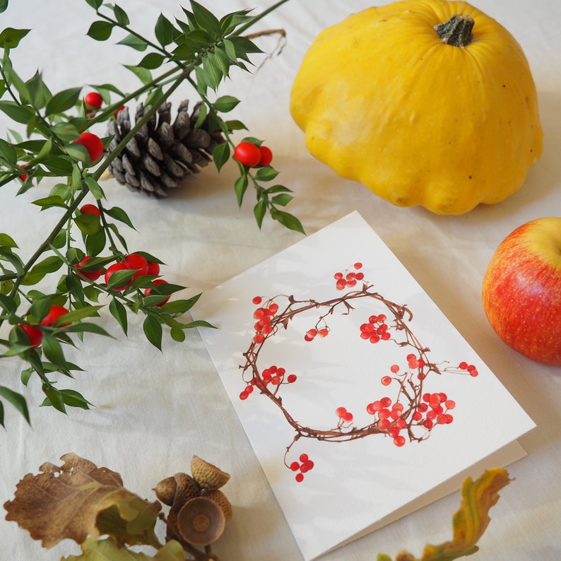 Botanical greeting card, Christmas wreath with red berries image 8