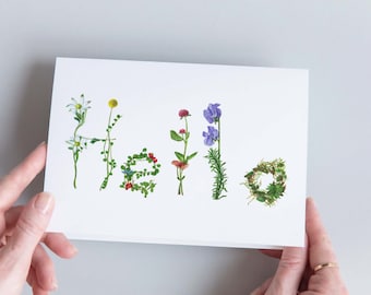 A6 floral message card, floral letters Hello