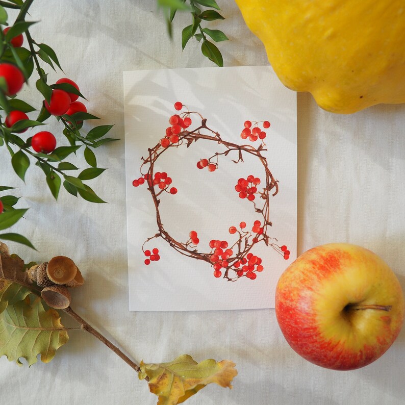 Botanical greeting card, Christmas wreath with red berries image 5