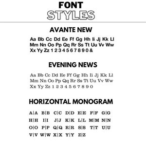 May include: A black and white image showing different font styles, including Avant&eacute; New, Evening News, and Horizontal Monogram. The image shows the alphabet in each font style, along with numbers and symbols.