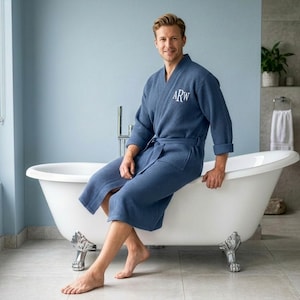 Personalized Men's Navy Waffle Robe – Custom Name Robe – Embroidered Men's Robe - Personalized Groomsmen Gift - Custom Best Man Gift image 1