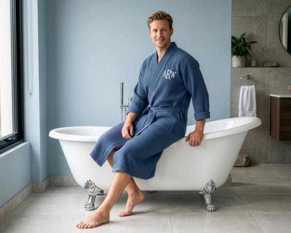 Personalized Men's Navy Waffle Robe – Custom Name Robe – Embroidered Men's Robe - Personalized Groomsmen Gift - Custom Best Man Gift