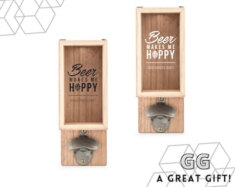 Wall Mount Bottle Opener with Cap Holder – Personalized Wall Mounted Bottle Opener – Man Cave - Home Bar - Personalized Barware - Birthday