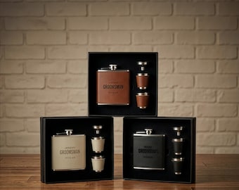 Custom Engraved Flask Gift Set – Faux Leather, Groomsman Gift