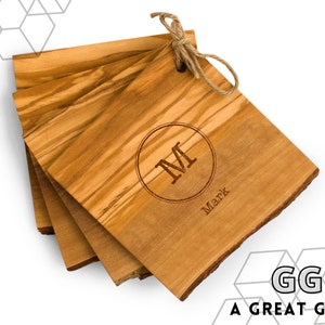 Personalized Monogram Olive Wood Coasters - Set of 4 - Housewarming - His Birthday - Stocking Stuffer - His Christmas Gift - Father&#39;s Day