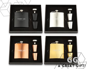 Personalized Flask Gift Set - Thirst Aid Design - Gifts for Him - Stainless Steel Flask Gift Set - Men's Gift Set - Gifts for Dad
