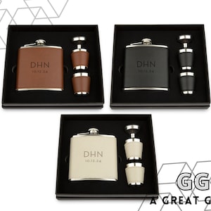 Custom Monogram Flask Gift Set - Faux Leather Wrapped Flask Set in Gift Box - Gift for Him - Gift for Dad -  Personalized Gift for Him