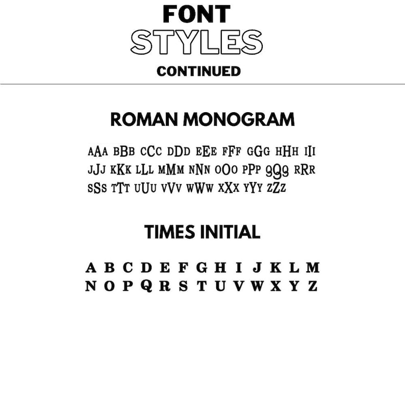 May include: A black and white image showing different font styles, including Roman Monogram and Times Initial. The image shows the alphabet in each font style.