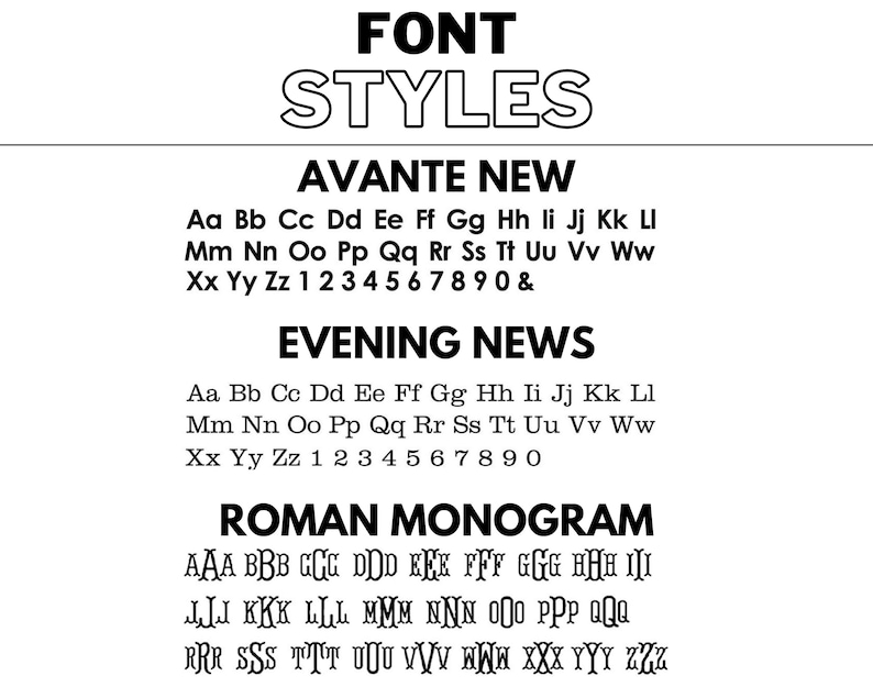 May include: A graphic showing different font styles, including Avant&eacute; New, Evening News, and Roman Monogram. The font styles are shown with the alphabet, numbers, and ampersand.