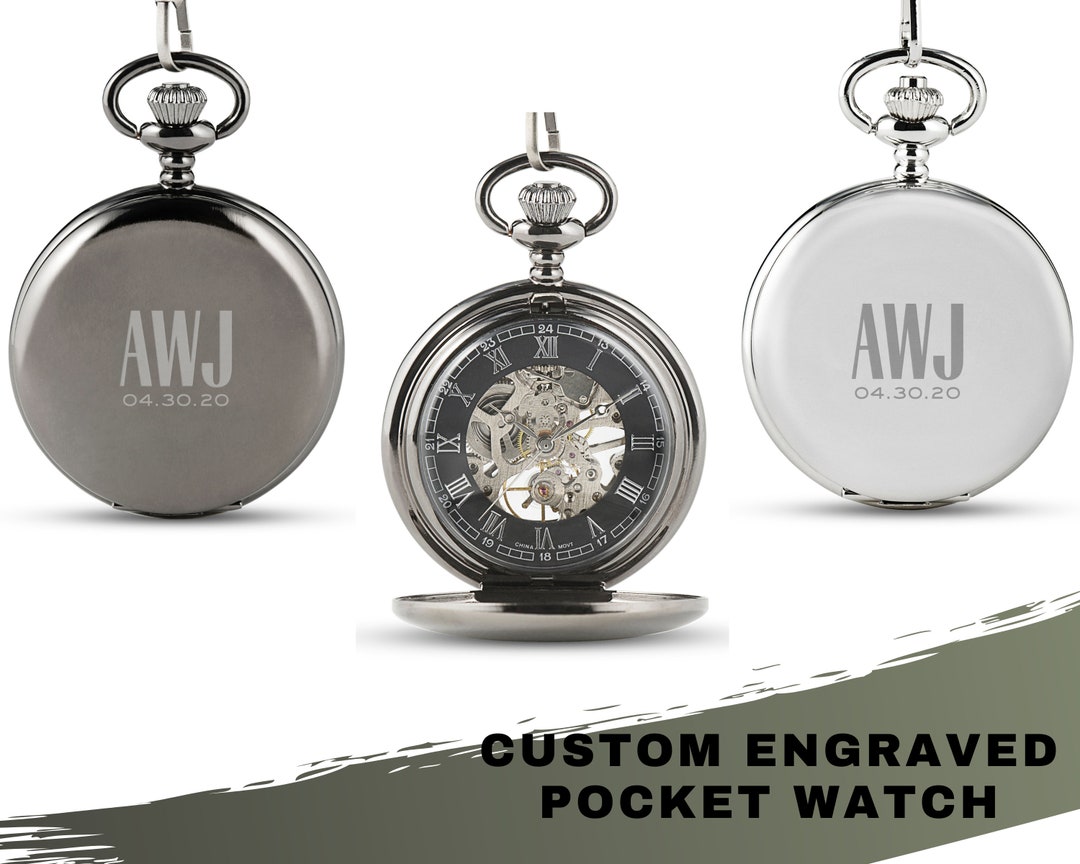 Exposed Gear Pocket Watch with Custom Monogram for Groom and
