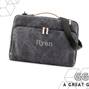 Sacoche personnalisée pour ordinateur portable pour homme - Sac messager personnalisé - Sac messager en toile noire - Sac de bureau pour homme - Cadeaux pour lui - Cadeaux homme