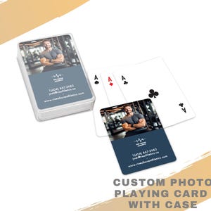 May include: A deck of custom photo playing cards with a clear plastic case. The cards feature a photo of a man in a gym and contact information. Three Aces are fanned out next to the deck. The text "CUSTOM PHOTO PLAYING CARD WITH CASE" is at the bottom.