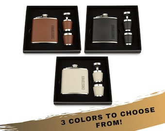 Personalized Name Flask Gift Set - Faux Leather Wrapped Flask Gift Set - Groomsman Gift Set - Best Man Gift Set - Groomsman Flask Gift Set