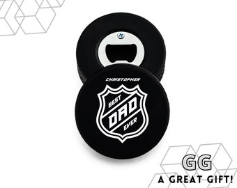 Ouvre-bouteille rondelle personnalisé - Meilleur design pour papa - Cadeau pour la fête des pères - Cadeaux pour papa - Papa de hockey - Papa fan de hockey - Sous-verre rondelle de hockey